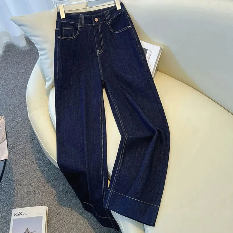 Female Trousers Women Button Zipper Closure Pockets Cozy Lady Pants Stylish Navy Blue Denim High Waisted Wide Leg Casual Jeans Main image