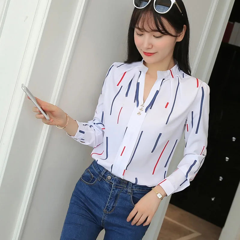 Xpqbb Autumn New White Shirt for Women Fashion Stripe Print Long Sleeve Office Lady Blouses Casual Loose Stand-up Collar Blusas
