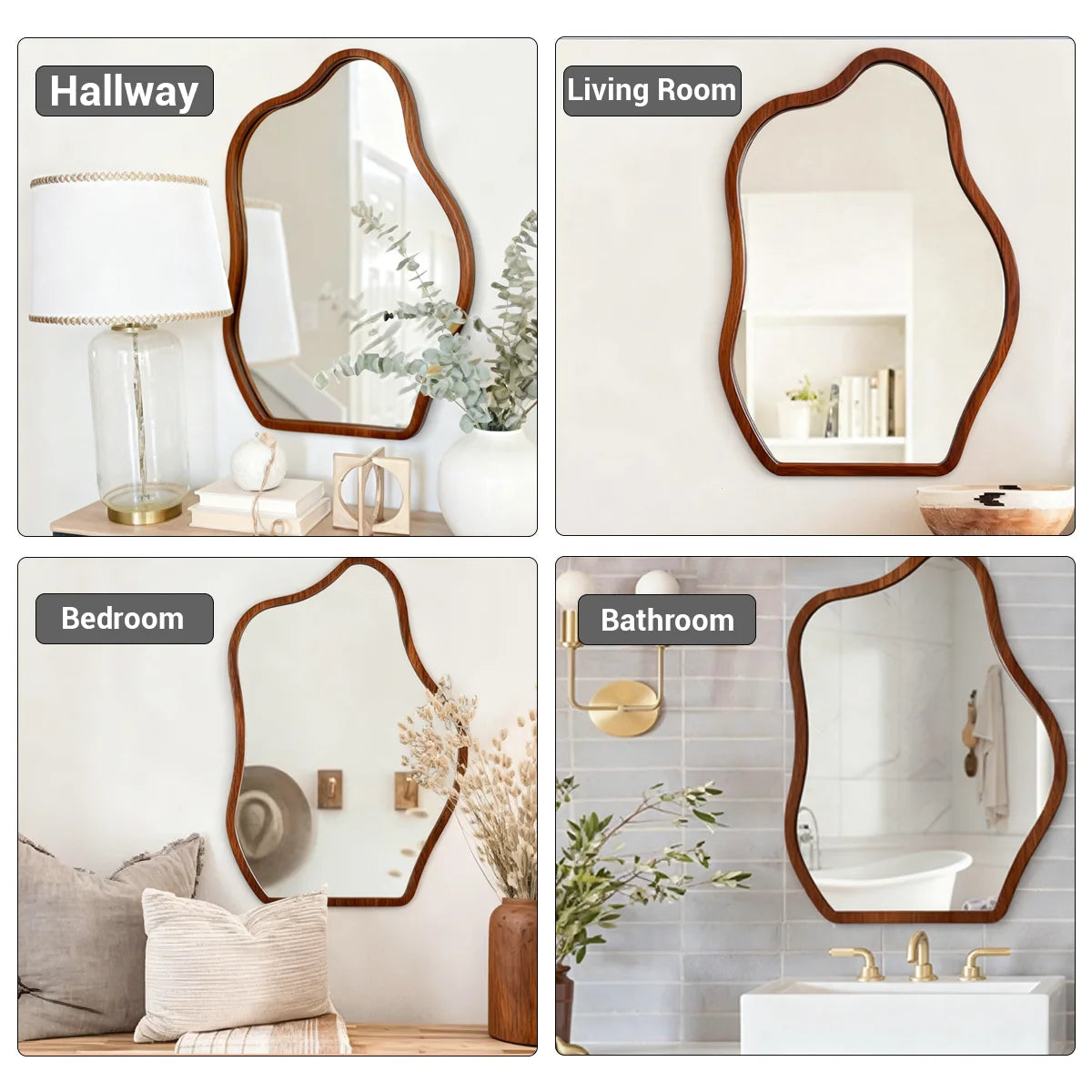 Irregular Wall Mirror Wavy Wooden Framed Modern Bohemian Decorative Mirror for Bathroom Bedroom Living Room Entryway