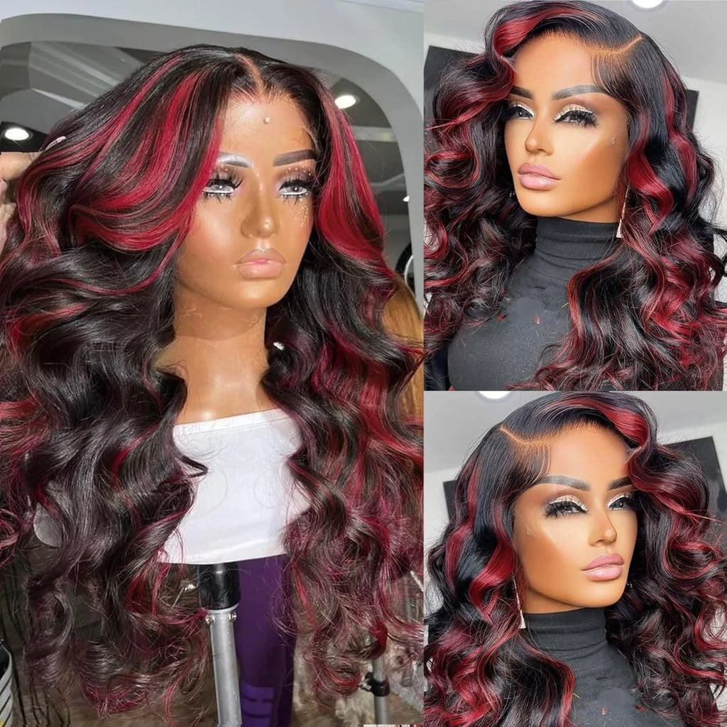 Ombre Red With Blonde Highlights Body Wave 5x5 Glueless Wigs Human Hair Burgundy for Women Pre Plucked 200 Density Colored Wig