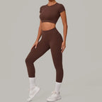 Gym Workout Yoga Fitness Sports Suit Short-sleeved Top Padded-free High-waisted Hip-lifting Trousers Outdoors Leisure Sportswear