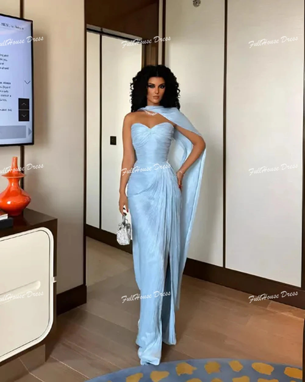 Customized Sweetheart Collar Pleated Evening Dress Backless Sexy Mermaid Backless Floor Length Side Slit Prom Dress with Court Secondary image
