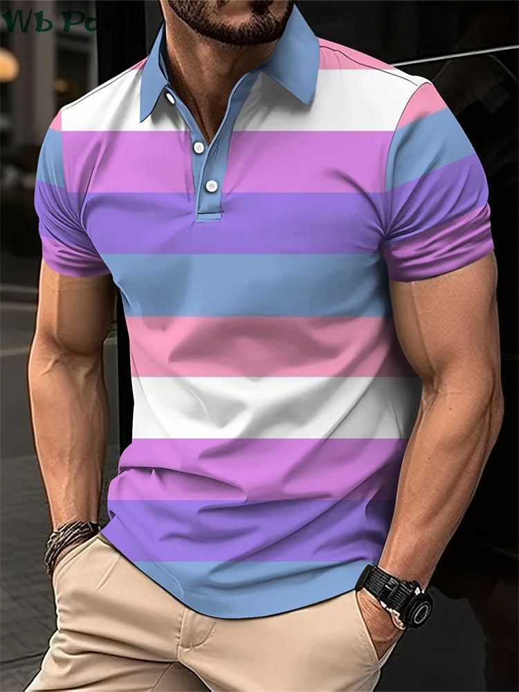 Striped Print Men's Shirts Simple Shirts for Men Polo Street Men's Clothing Loose Mens Polo Shirts Casual Polo Shirt for Men Top Main image