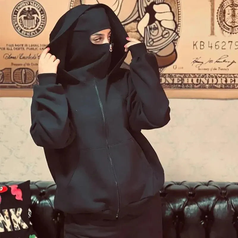 Men's and women's Balaclava Y2K Gothic Harajuku winter new item double hooded sweatshirt Unisex hooded mask zipper sportswear
