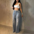 2026 Women Jeans Straight Diamonds Pants Y2k Streetwear Elegant High Waist Washed Belt Loose Wide Leg Denim Trousers Bottoms