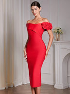 2026 Sexy Off The Shoulder Flower Patchwork Bandage Dress Women Red Florals Bodycon Midi Dresses Evening Party Gowns