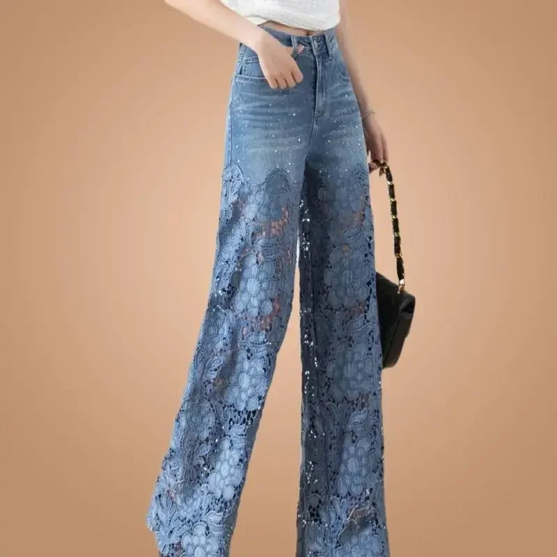 Jeans for Women High Waist Lace Patchwork Pantalones Hollow Out Oversized Spring Casual Loose All Match Pants Fashion Elegant