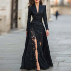 Elegant Solid Formal Occasion Outfit Autumn Women's Lapel Button Top and Skirt Two Piece Set Lace Patchwork Slim Fit Party Suit
