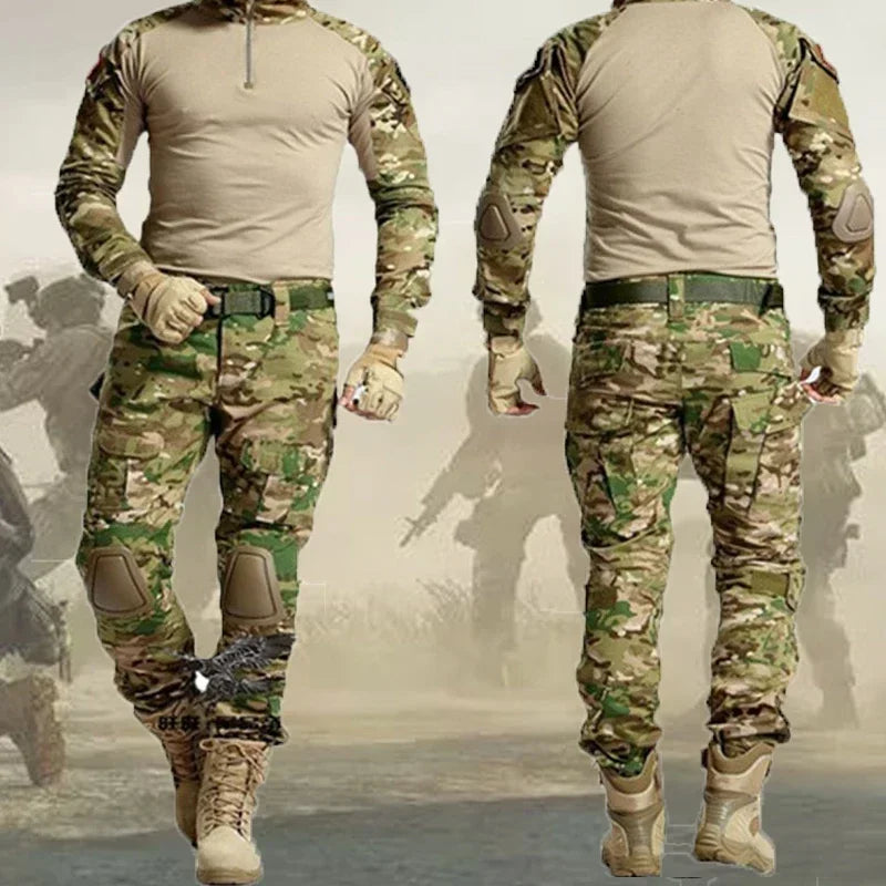 Camo Tactical Sets Outdoor Long Sleeve Wear-resisting T Shirts+Multi-pocket Tactic Cargo Pants Suit Training Workwear Combat Set