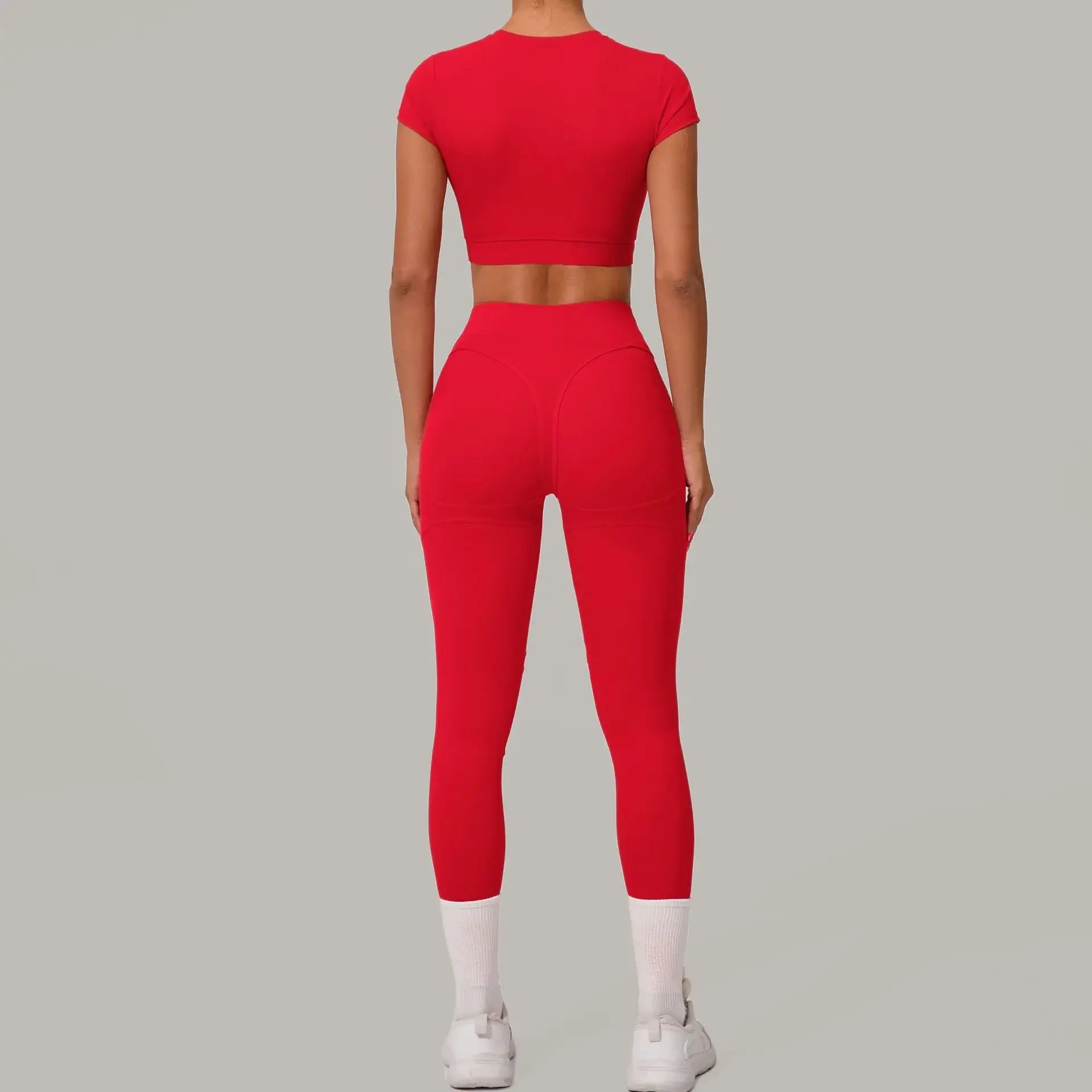 Gym Workout Yoga Fitness Sports Suit Short-sleeved Top Padded-free High-waisted Hip-lifting Trousers Outdoors Leisure Sportswear