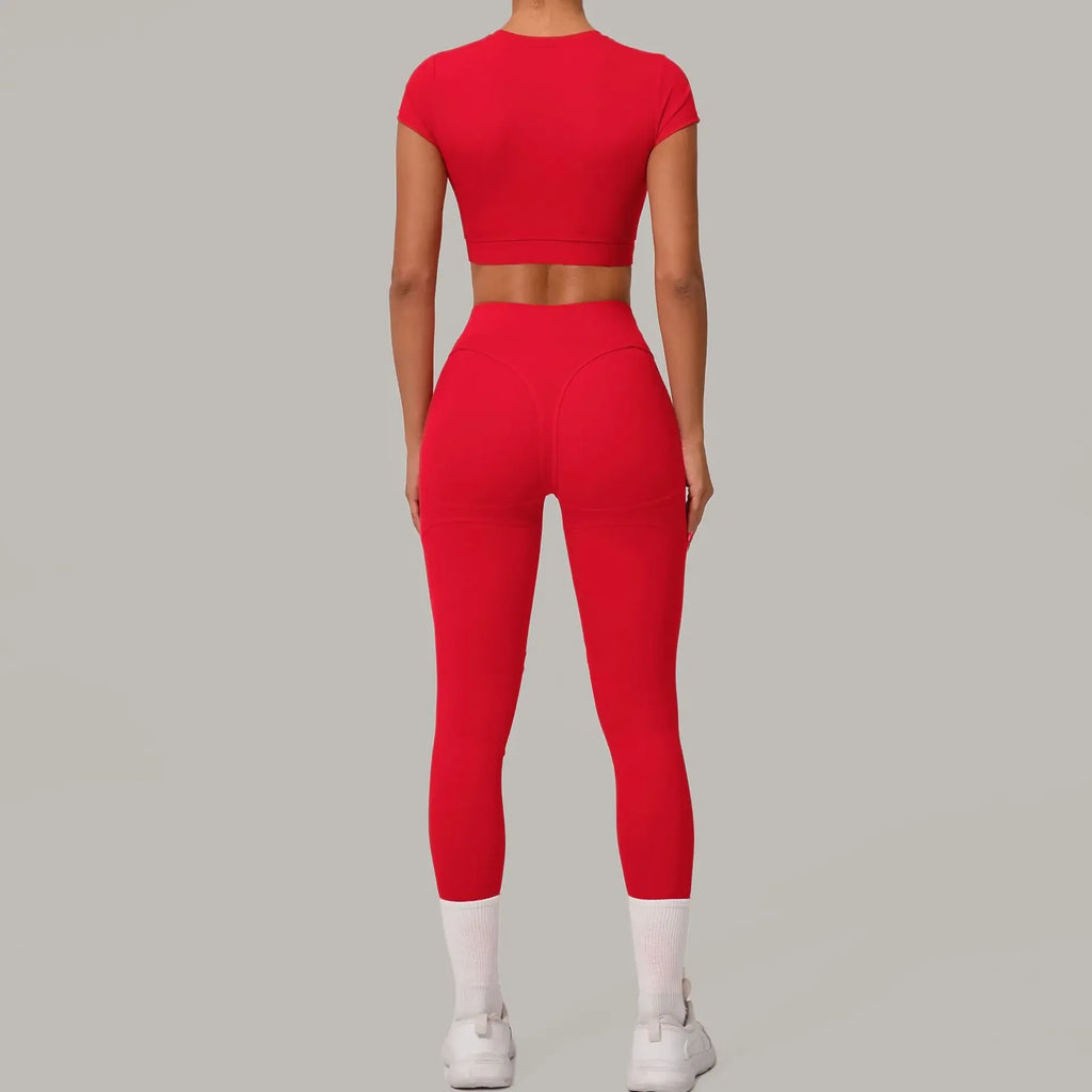 Gym Workout Yoga Fitness Sports Suit Short-sleeved Top Padded-free High-waisted Hip-lifting Trousers Outdoors Leisure Sportswear