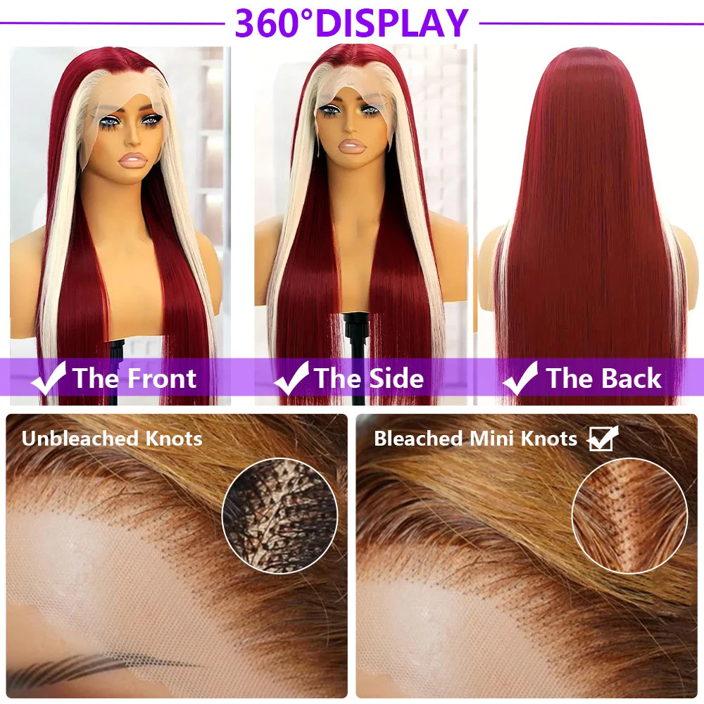 99J/613 Colored Highlight 13x4 Hd Transparent Straight  Lace Front Wigs Omber Blonde With Burgundy Red Human Hair Wigs Brazilian
