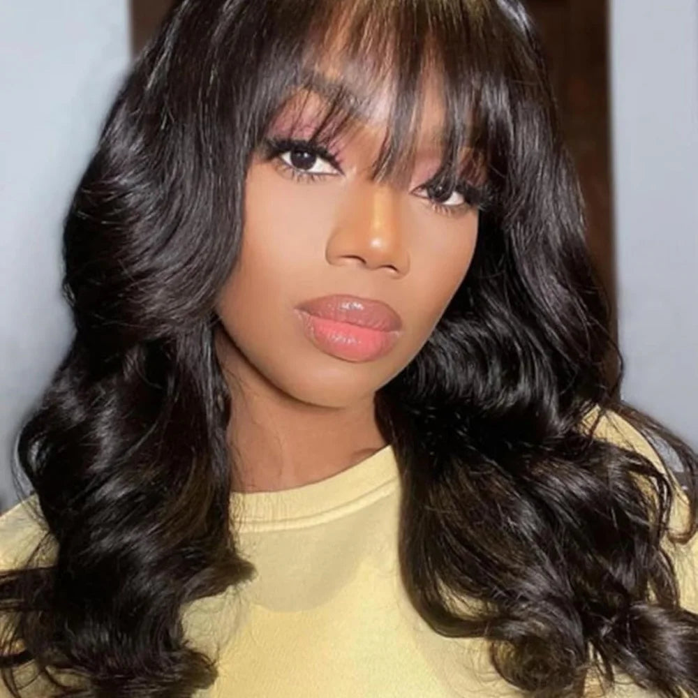 Body Wave Wigs with Bangs 3x1 Middle Part Lace Wig Human Hair Pre Plucked Body Wave Real Human Wigs with Bangs for Women 34 Inch