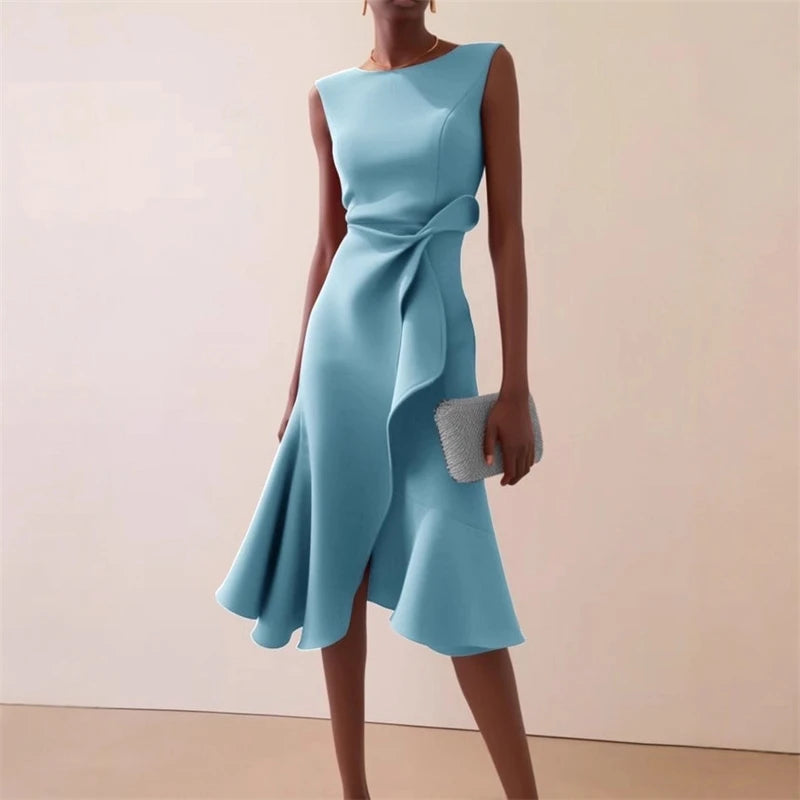 Women Sleeveless Solid Color Round Neck Midi Dress Elegant Slim Fit Formal Party Outfit Fashion 2025 New Arrival Main image