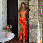 2025 New Bikini Three-Piece Set Metal Accessories High-End Beach Photo Shoot Strapless Fish Tail Long Skirt Sexy Swimwear