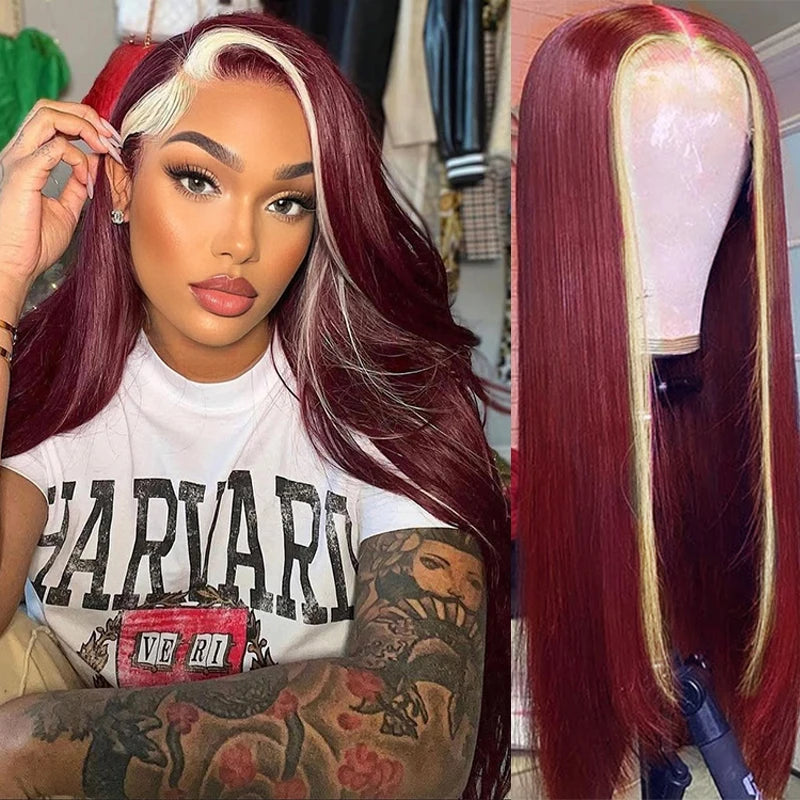 99J/613 Colored Highlight 13x4 Hd Transparent Straight  Lace Front Wigs Omber Blonde With Burgundy Red Human Hair Wigs Brazilian Secondary image