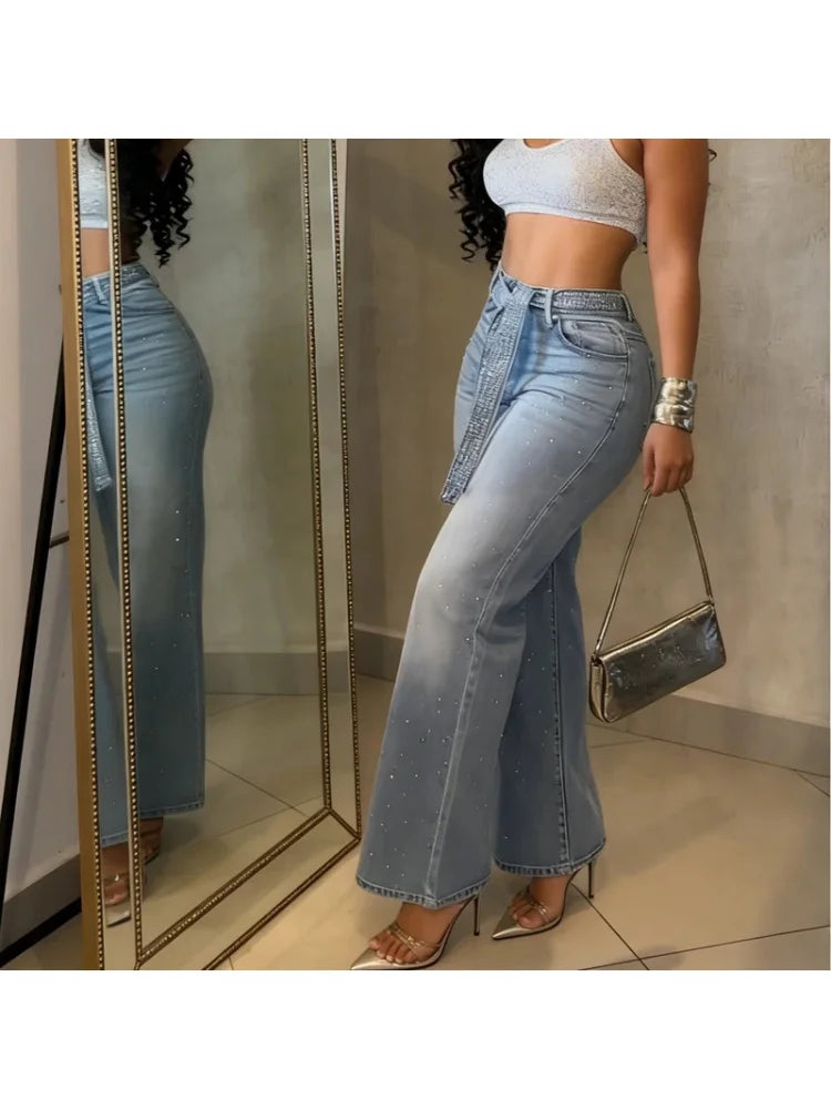 2026 Women Jeans Straight Diamonds Pants Y2k Streetwear Elegant High Waist Washed Belt Loose Wide Leg Denim Trousers Bottoms
