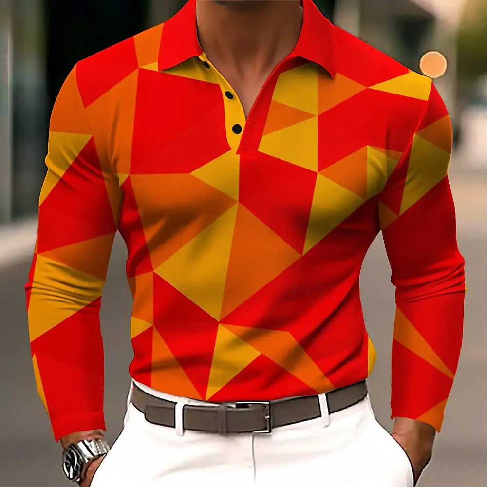 2025 Fashion Men's Stripe Gradient Long Sleeve Polo Shirt Breathable Casual Tops Slim Fit Quick Drying Classic Collar Polo Shirt