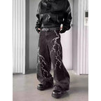 American High Street Y2K Style Thorn Lightning Embroidery Wide-Leg Jeans for Men, Niche Hip-Hop Loose Straight-Leg Flared Pants