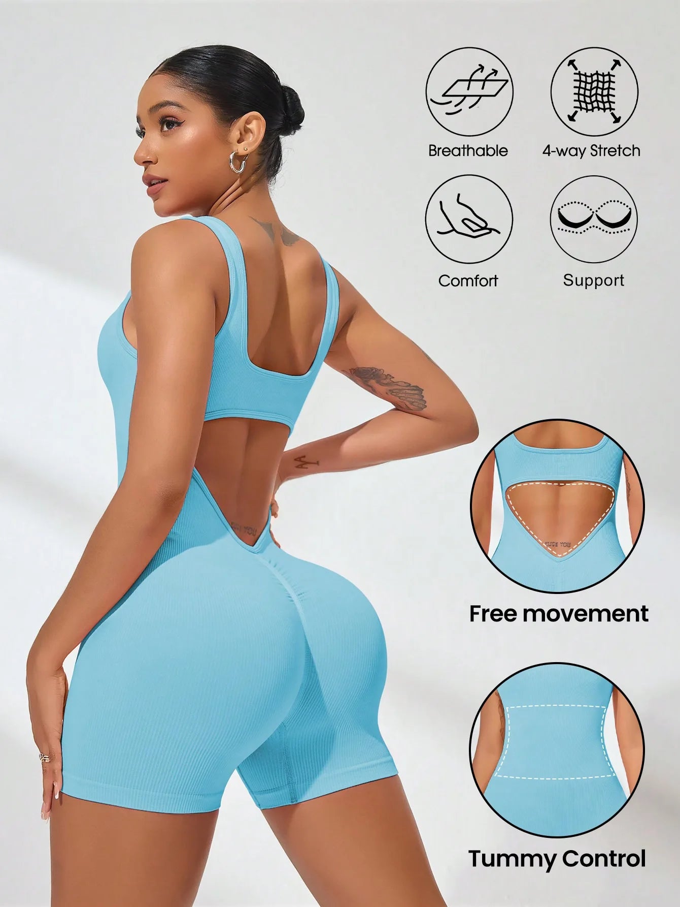 Sexy Backless Women Yoga Rompers U Neck Sleeveless Threaded Jumpsuit Solid Color Elastic Bodysuit Without Bust Pads Streetwear