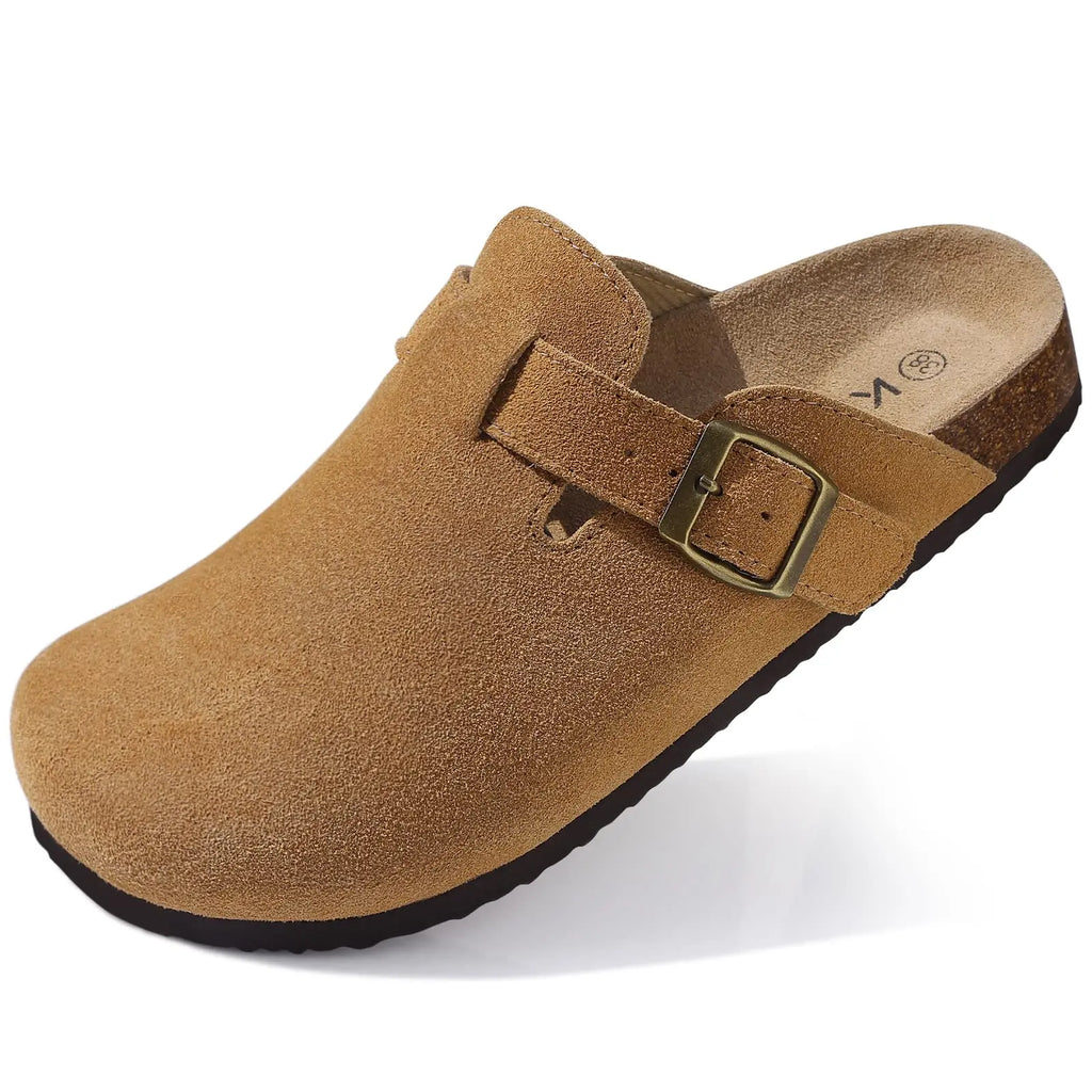 Kidmi Men's Suede Clogs Cork Footbed Clogs for Women Soft Leather Adjustable Buckle Slip-on Potato Shoes Sandals Beach Slippers