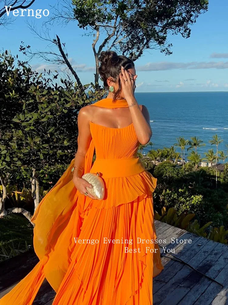 Verngo Orange Chiffon Evening Dress Strapless A Line Scarf Prom Party Gowns Women Elegant Saudi Arabia Party Dress Customized 2026