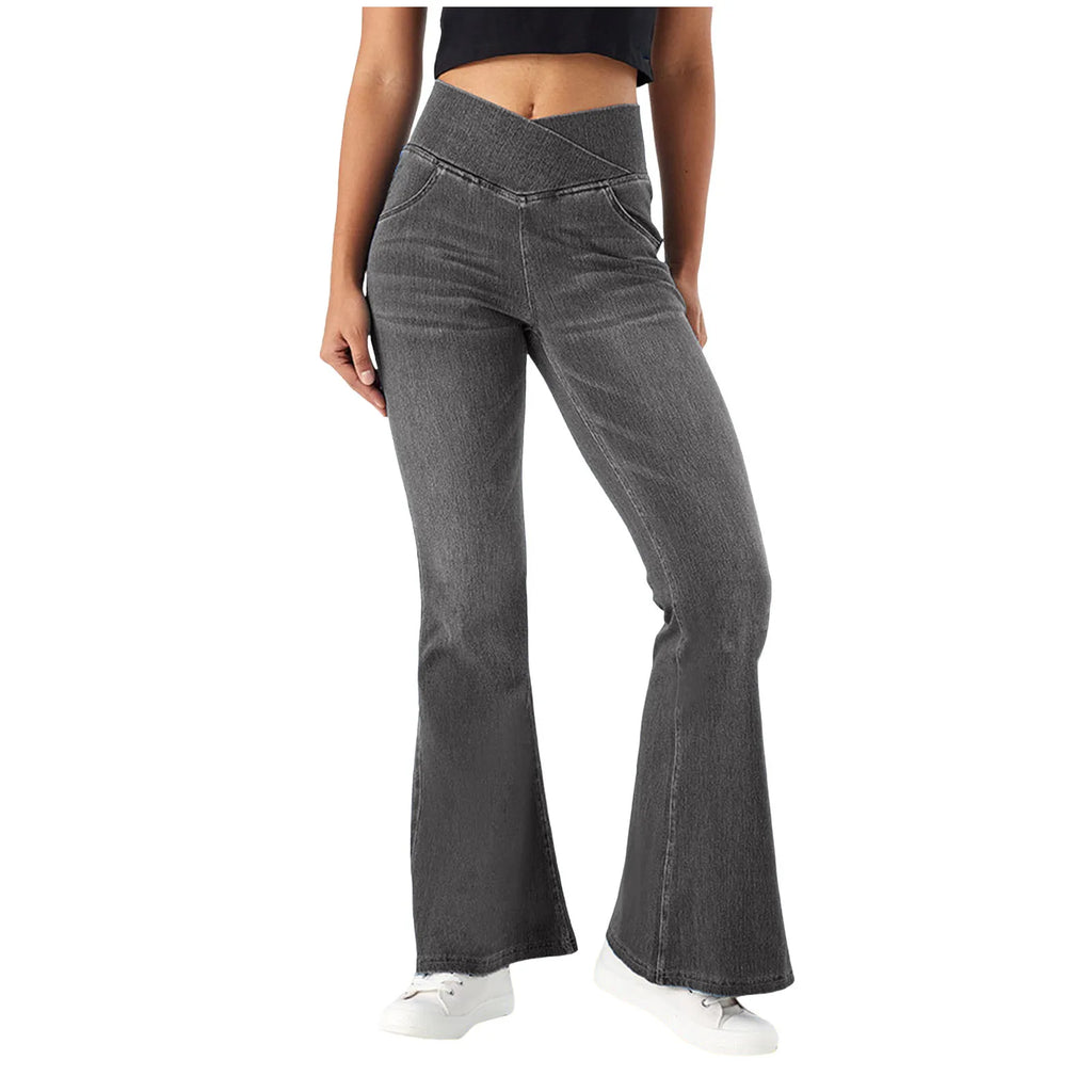 Stretch Denim Flared Pants Womens' Shiny High-Waist Denim Pants Lightweight Flare Jeans Slimming Fit Ladies' Trousers Ropa Mujer