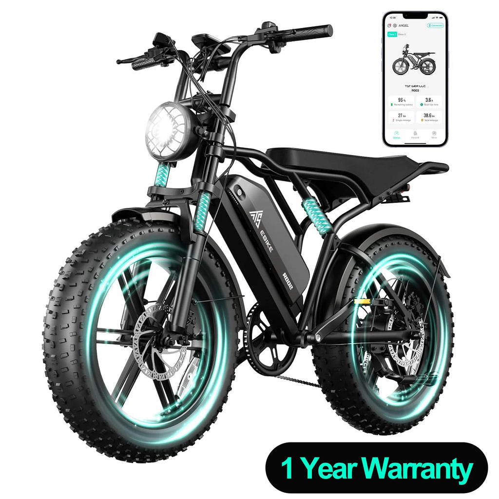 TST R002 1500W e-bike, 20" fat tires, 60-100mile range, 28MPH, 48V 15Ah battery, for all terrains.
