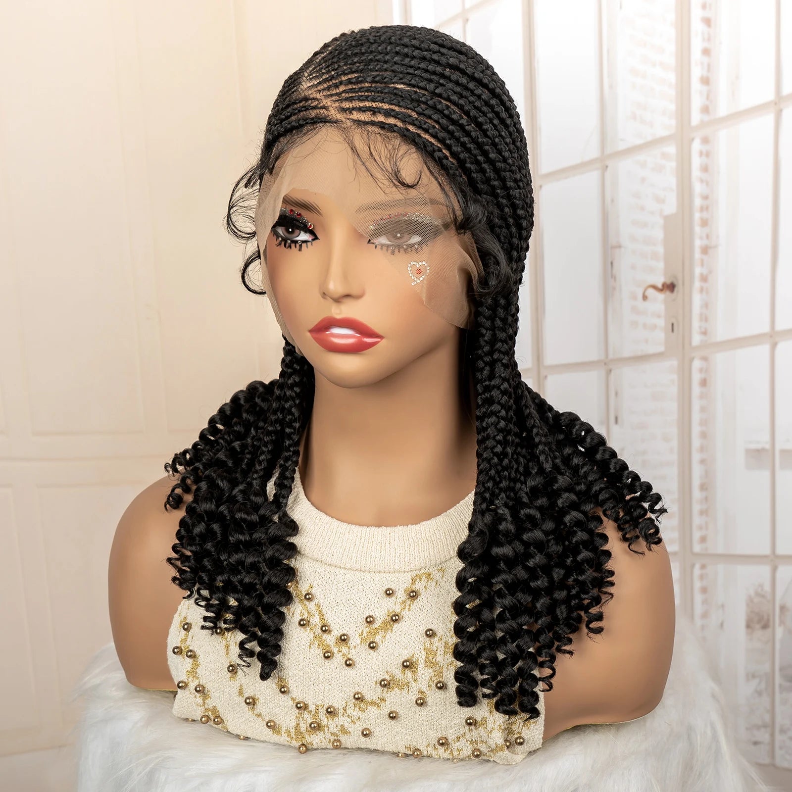 Full Lace Braided Wig with Curly Ends Synthetic Cornrow Braids Wig for Black Women Lace Frontal Afro Knotless Braiding Wigs