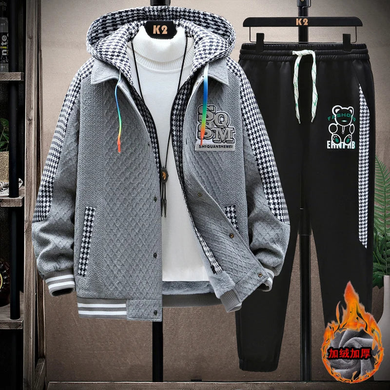 Winter Men's Sets Tracksuit Men Wool Hooded Sweatshirt Thicken Warm Sportswear Male Casual Suit Two Piece Sets