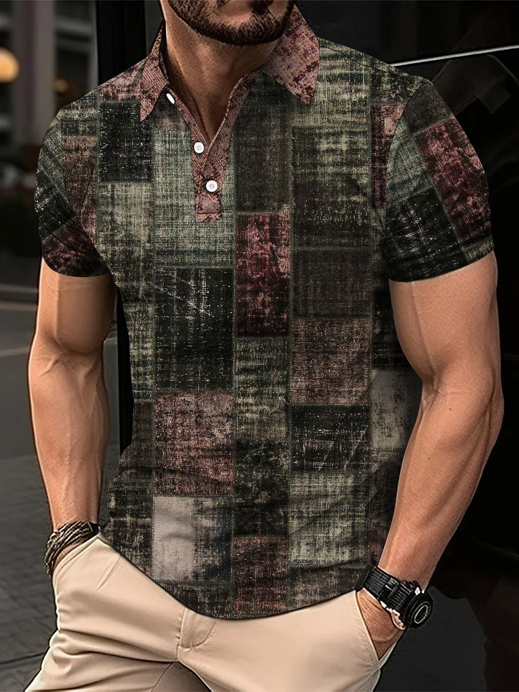 Fashion Elegant Harajuku Slim Fit Ropa Hombre Loose Casual All Match Lattice Men's POLO Shirt Printed Button Short Sleeve Tops