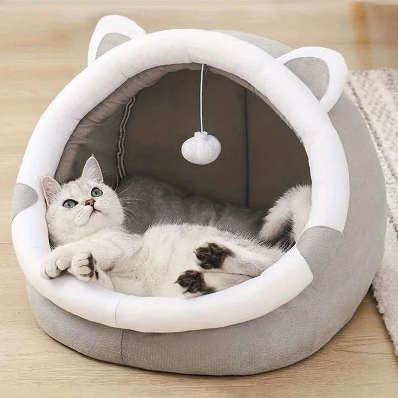 1 Comfortable Cartoon Cat House with Removable Pad, Modern Style Pet Bed Cave, Indoor Plush House Bed with Pompom Main image