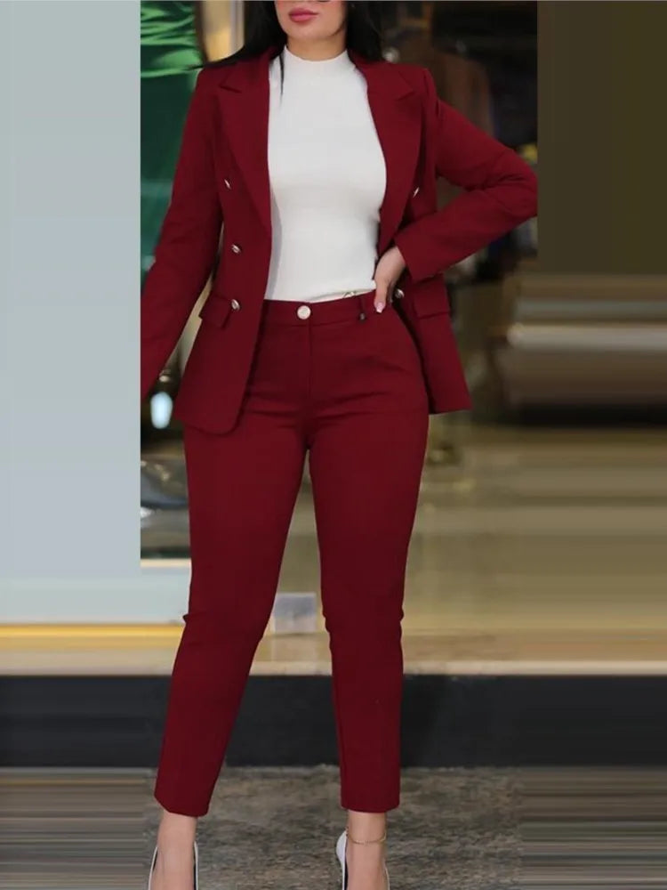 Spring Autumn Women's Solid Color Long Sleeve Suit Fashion A Button Slim-fit Wrap Buttock Pencil Pants Female Office 2 Piece Set Secondary image