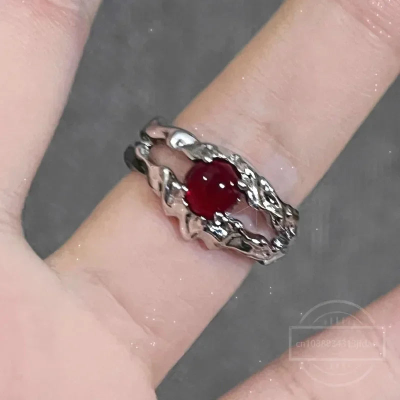 Irregular Red Crystal Glass Heart Aesthetic Rings For Women Y2K Gothic Animal Spider Ring Creative Grunge Jewelry Accessories
