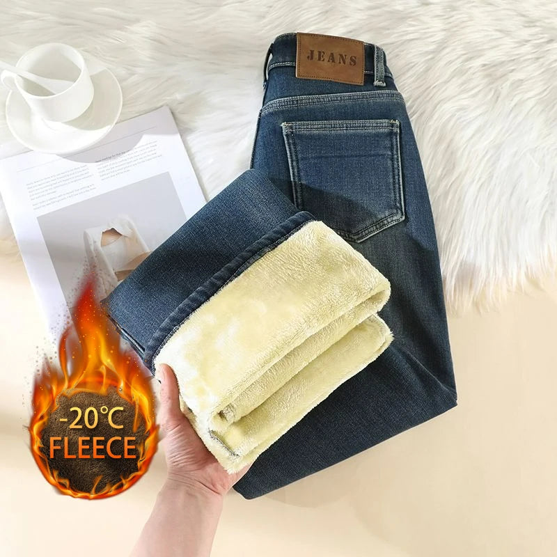 Woman High Waist Fashion Thermal Wide Leg Jeans Female Y2k Clothes Baggy Pants Girl Autumn Winter Snow Versatile Denim Trousers Main image
