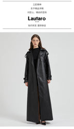 Lautaro Spring Autumn Extra Long Brown Pu Leather Trench Coat for Women Sashes Luxury Chic Overcoat Runway European Fashion 2024