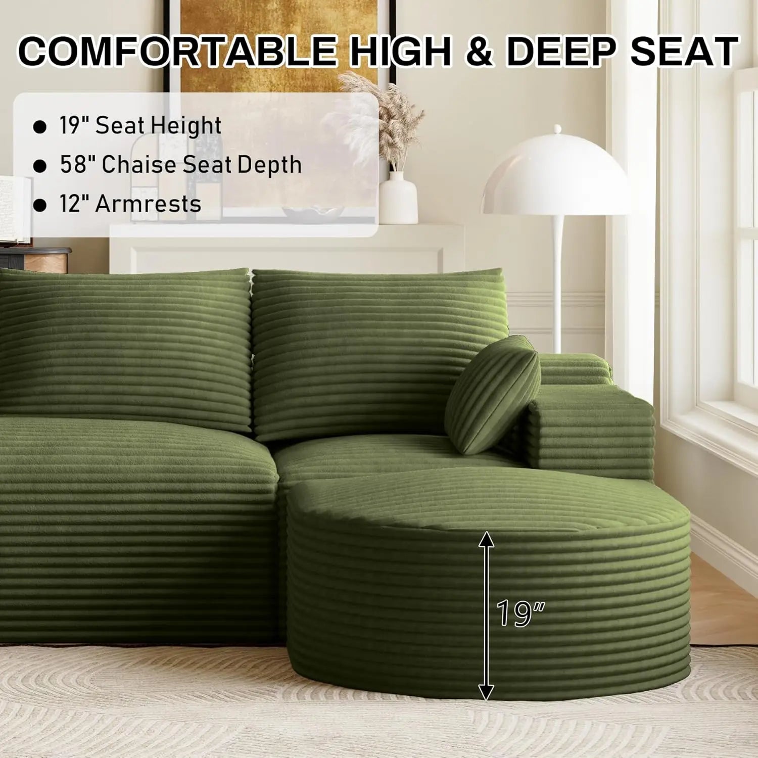 108in U-Shape Modular Sectional Sofa Deep Seat Corduroy Oversize Ottoman Cloud Couch Small Apartment Green Custom