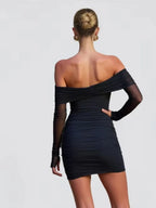 Nibber Metal Trim Dress Women Slash Neck Backless Peach Hip Ruched Ribbon Mesh Long Sleeve Sexy Stretch Skinny Party Bodycon