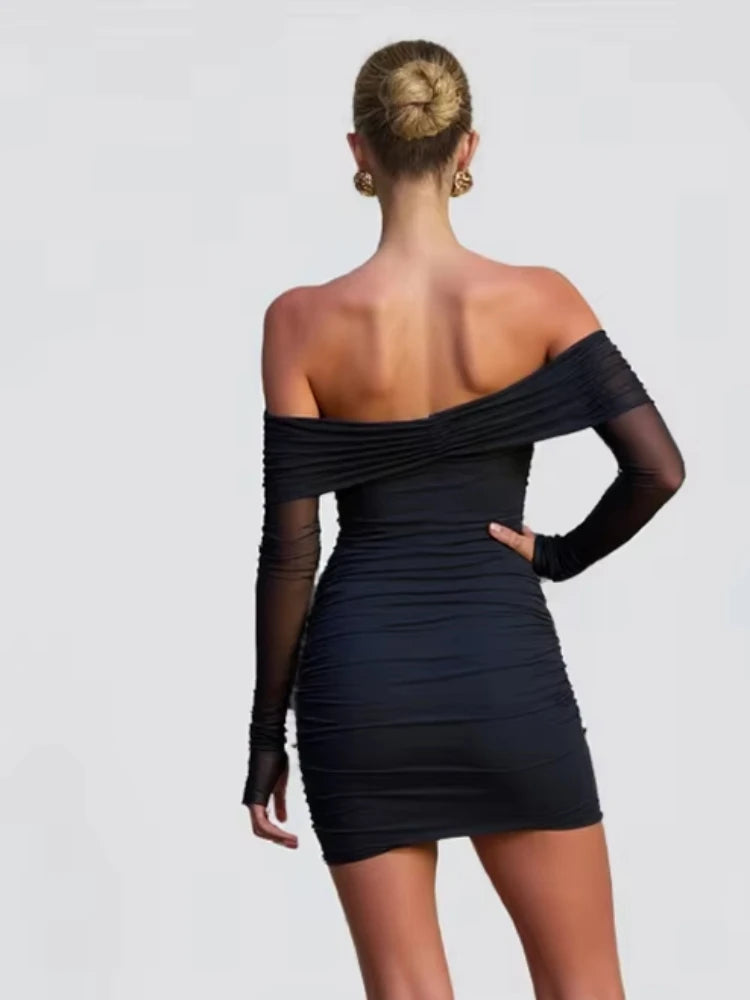 Nibber Metal Trim Dress Women Slash Neck Backless Peach Hip Ruched Ribbon Mesh Long Sleeve Sexy Stretch Skinny Party Bodycon