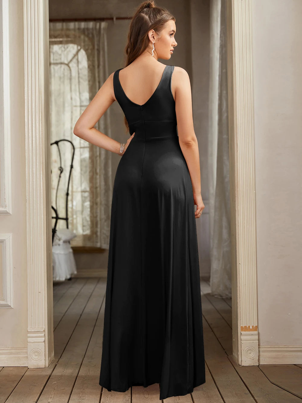 Women Evening Dresses 202 Sister Group Sexy Split V Neck Backless Sleeveless Formal Wedding Party Prom Gowns Bridesmaid Vestido