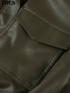 Vintage Zippers Short Leather Jackets Women's Casual Lapel Button Pockets Full Sleeve Coat 2025 Autumn New Lady Chic Streetwear