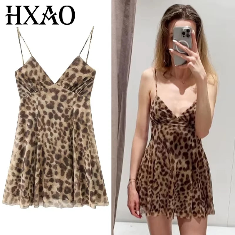 HXAO Womens Leopard Slip Dresses Summer 2025 Mini Tulle Print Backless Dress Vintage Mesh Sleeveless Vestidos Chic Resort Dress Main image