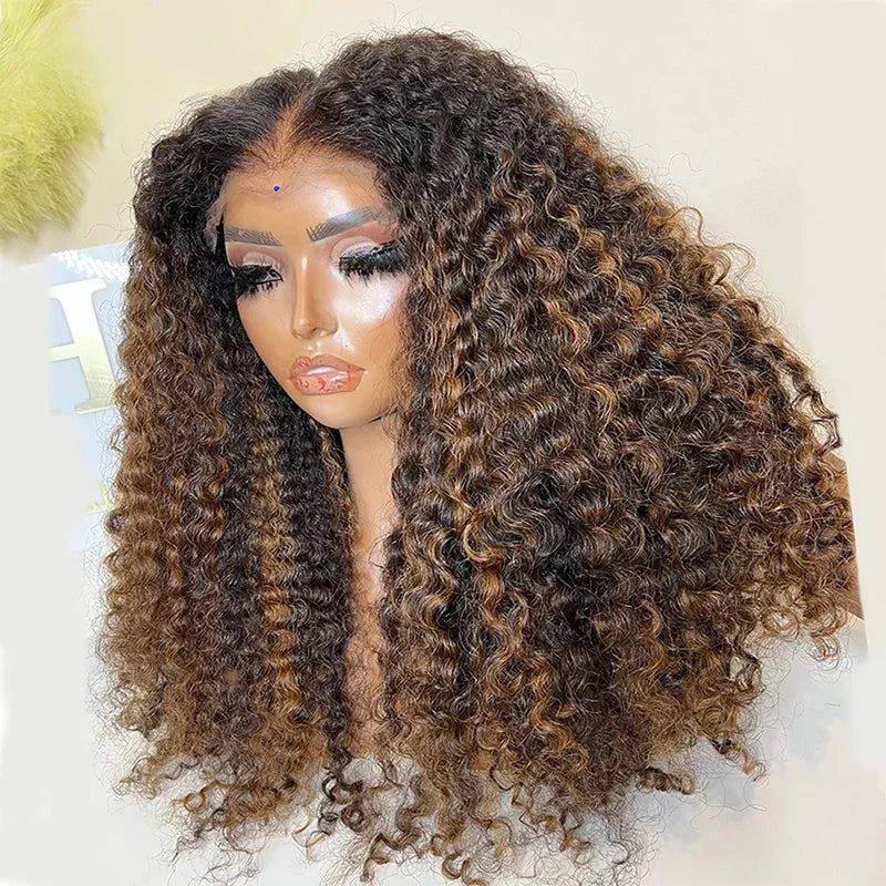 26 Inch Highlight Brown 180Density Glueless Synthetic Kinky Curly Long 13*4*1 Lace Front Wig For Women Babyhair PrePlucked Daily