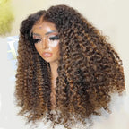 26 Inch Highlight Brown 180Density Glueless Synthetic Kinky Curly Long 13*4*1 Lace Front Wig For Women Babyhair PrePlucked Daily