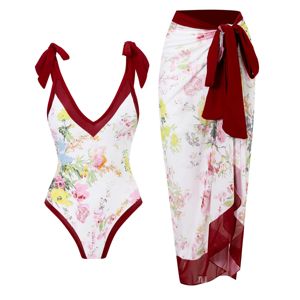 Fashion Women Cover Swimsuit Retro Print Gorgeous One-Piece Suit with Swimwear Beach Casual Swimwear Skirt That Wraps Hips
