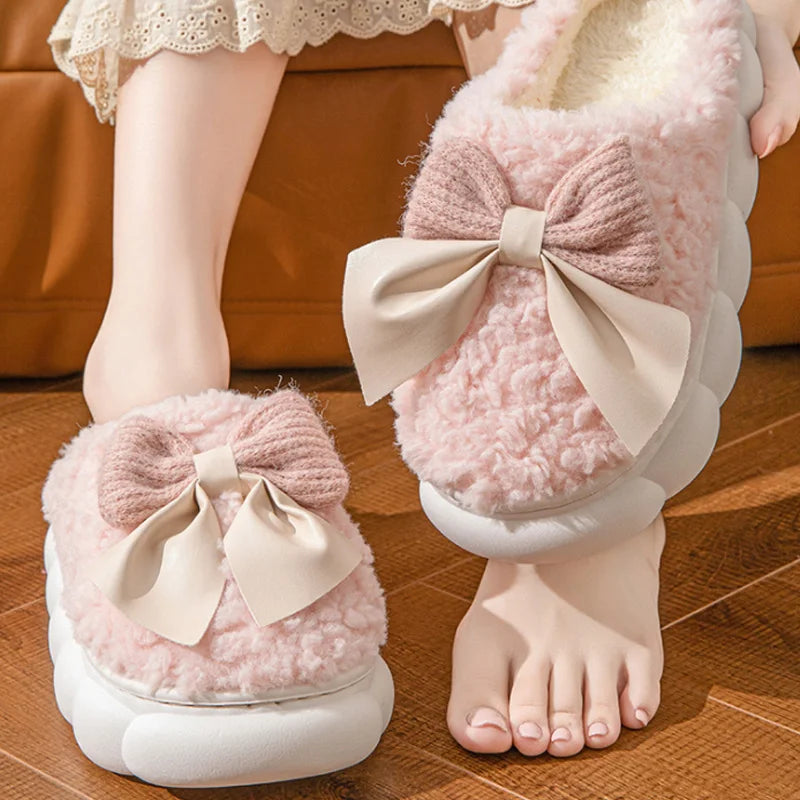 Cotton slippers for Women Autumn and Winter Thick Sole Indoor Home Warm Couples Shoes Bow Non-Slip Flat Platform Women's Slipper