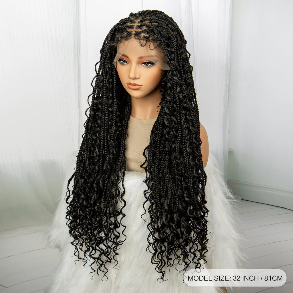 32inch Synthetic Boho Knotless Braided Wigs for Black Women Bohemian Box Braids Wigs Lace Front Braided Lace Wigs with Baby Hair