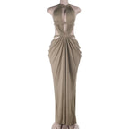 Halter Cut-Out Draped Super-Cut Back Bare Elegant Party Maxi Dress Waistless Backless Sleeveless Khaki Evening Prom Long Dress