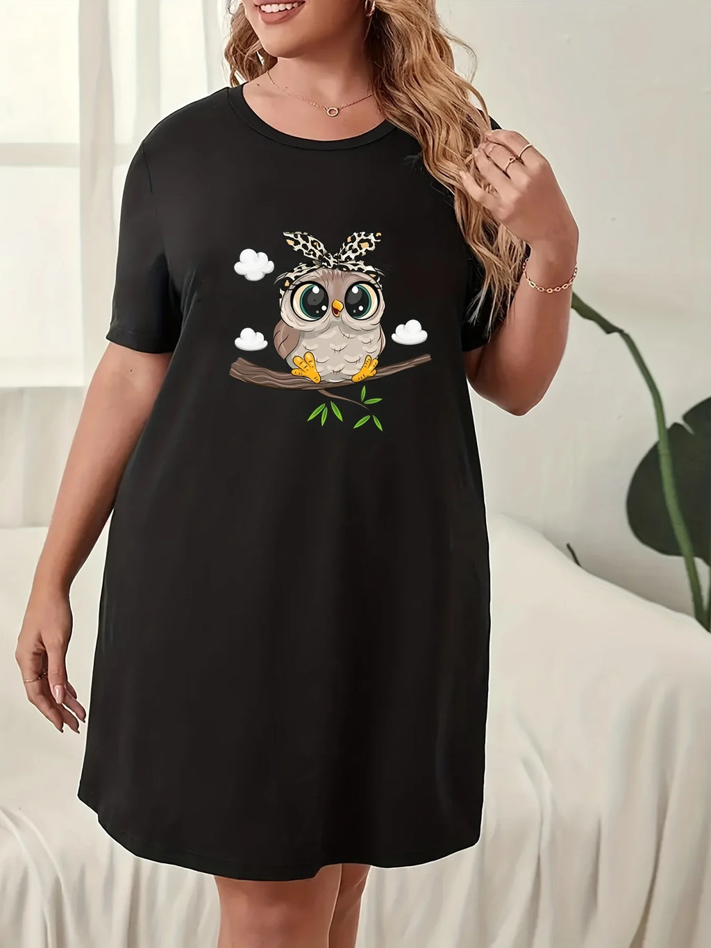 Plus Size Dresses Women's Nightgowns Round Neck Short Sleeve Dress Printed Owl Micro Stretch Oversized Dresses Women's Homewear
