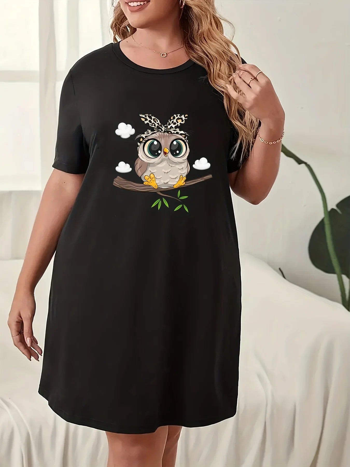 Plus Size Dresses Women's Nightgowns Round Neck Short Sleeve Dress Printed Owl Micro Stretch Oversized Dresses Women's Homewear